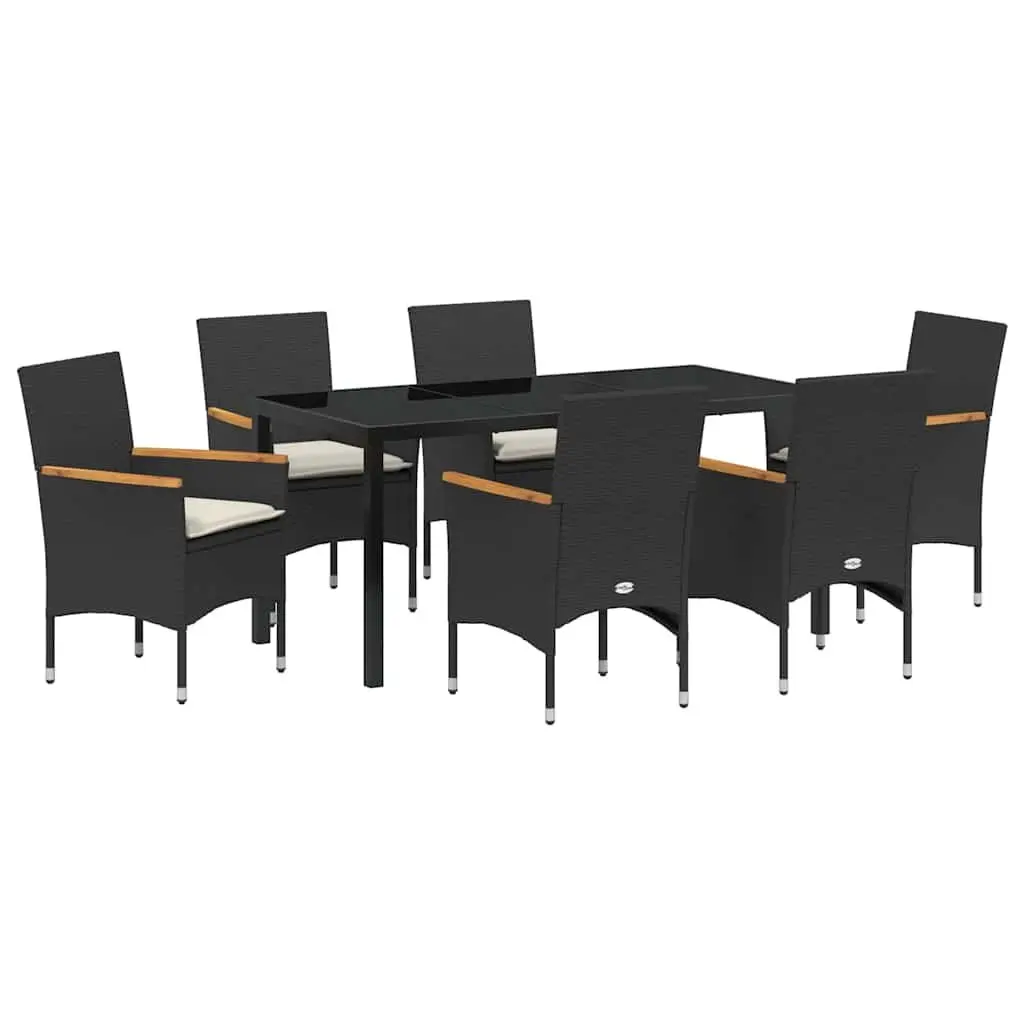 Garden Dining Set 7 Piece Poly Rattan Outdoor Furniture Black Tempered Glass Table Chairs