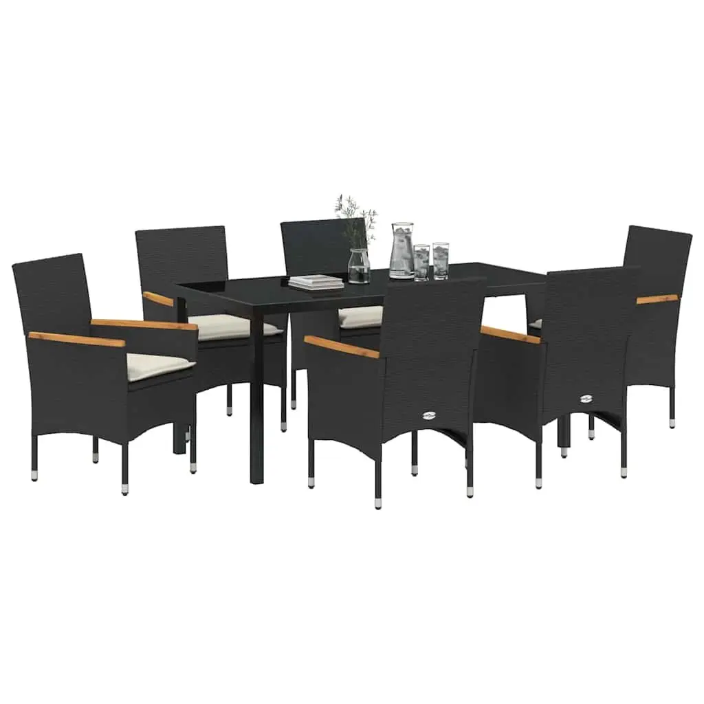 Garden Dining Set 7 Piece Poly Rattan Outdoor Furniture Black Tempered Glass Table Chairs