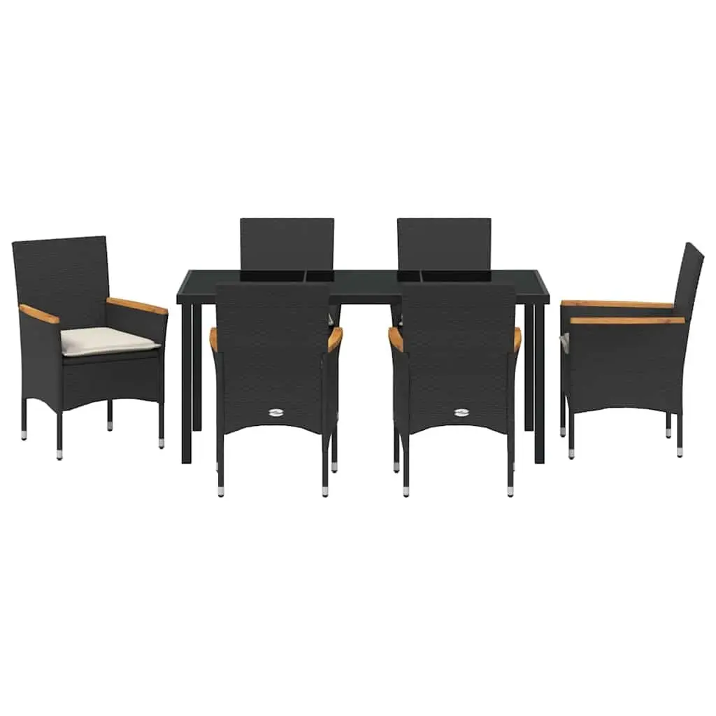 Garden Dining Set 7 Piece Poly Rattan Outdoor Furniture Black Tempered Glass Table Chairs
