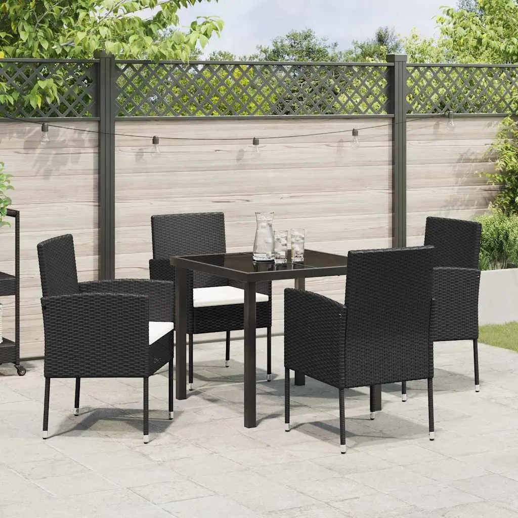 Garden Dining Set Poly Rattan 5 Piece Black Outdoor Furniture with Tempered Glass Table and Cushioned Chairs
