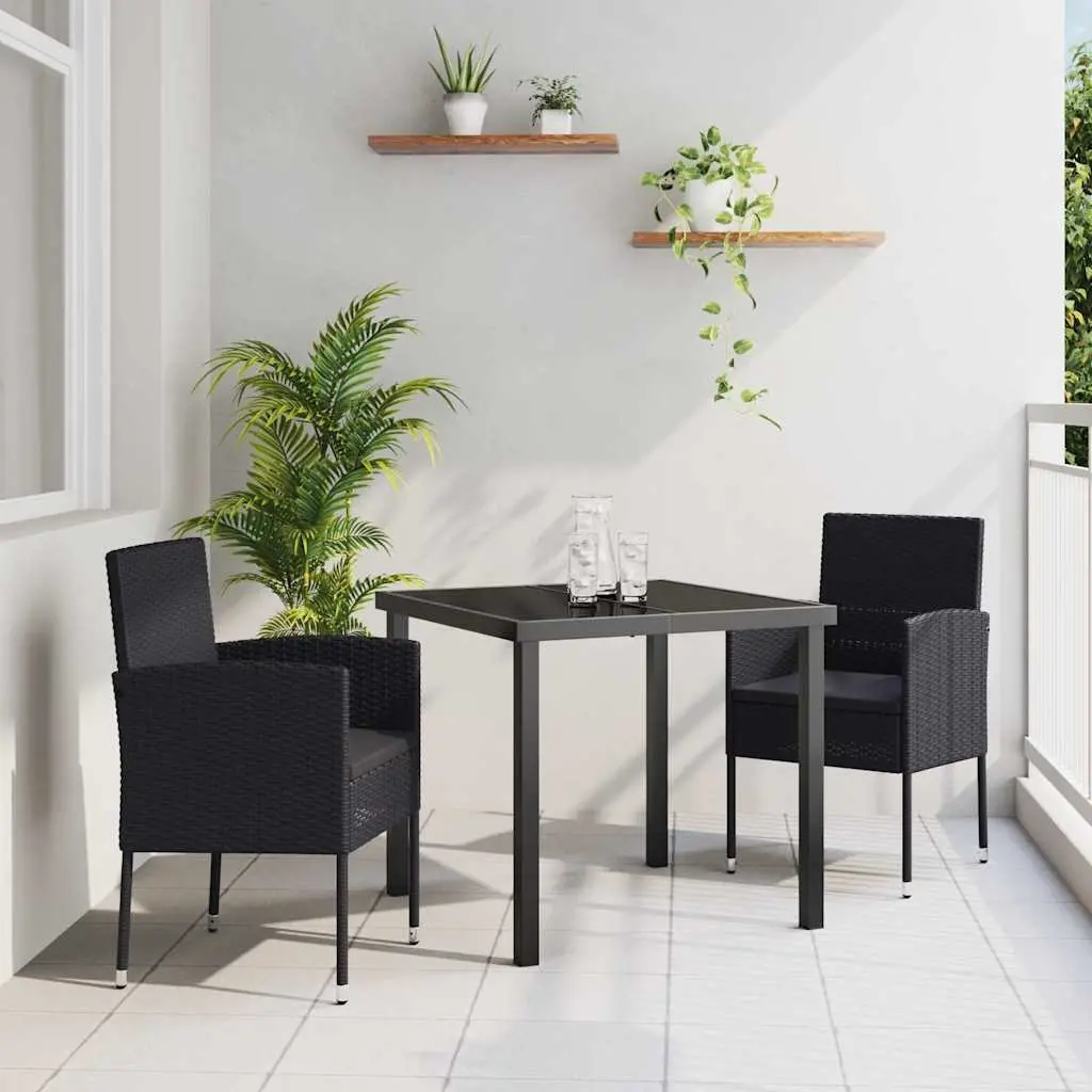 Outdoor Furniture Set 3 Pieces Black Poly Rattan Dining Chairs Table with Glass Top
