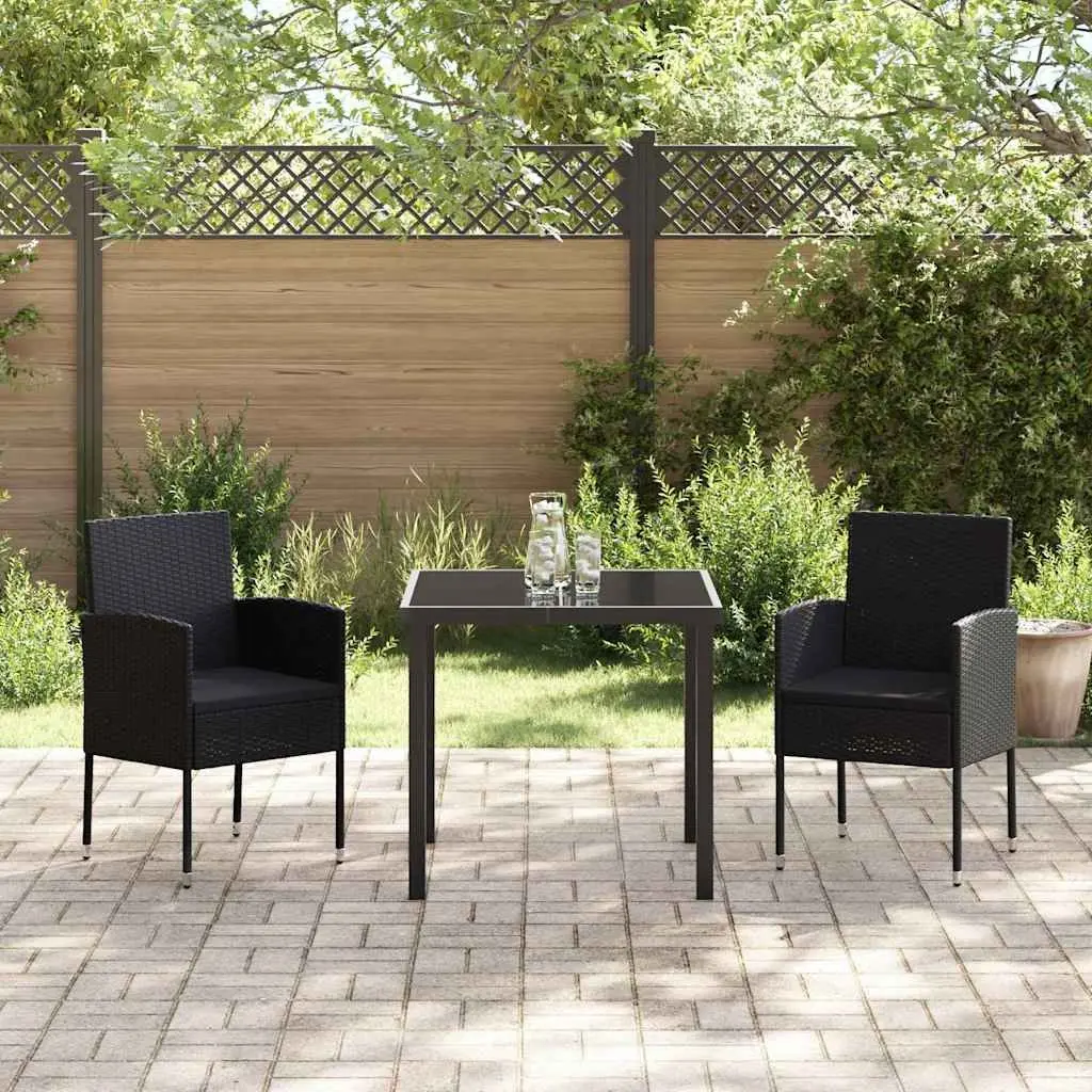 Outdoor Furniture Set 3 Pieces Black Poly Rattan Dining Chairs Table with Glass Top