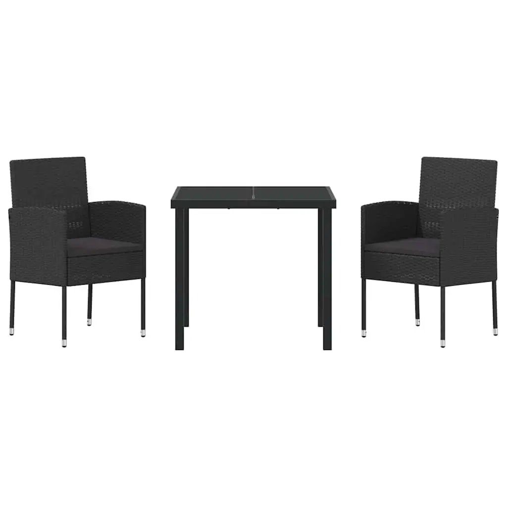Outdoor Furniture Set 3 Pieces Black Poly Rattan Dining Chairs Table with Glass Top