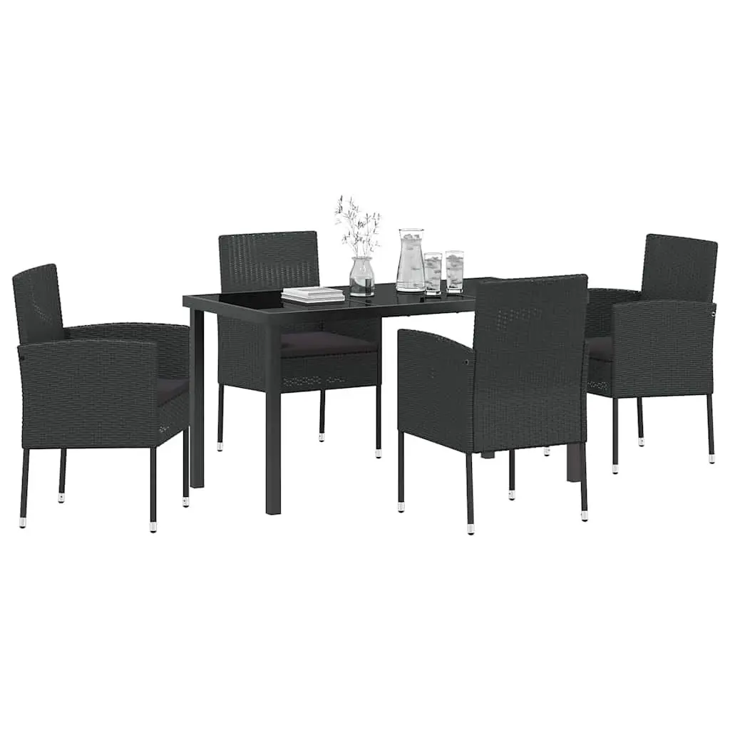 5 Piece Outdoor Dining Set Poly Rattan Steel Frame Glass Top Black