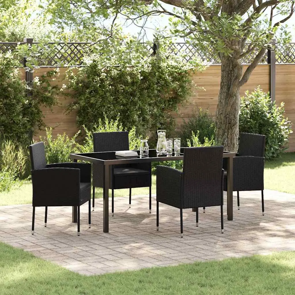 Outdoor Dining Set Poly Rattan 5 Piece Garden Furniture Table with Glass Top and Chairs Black