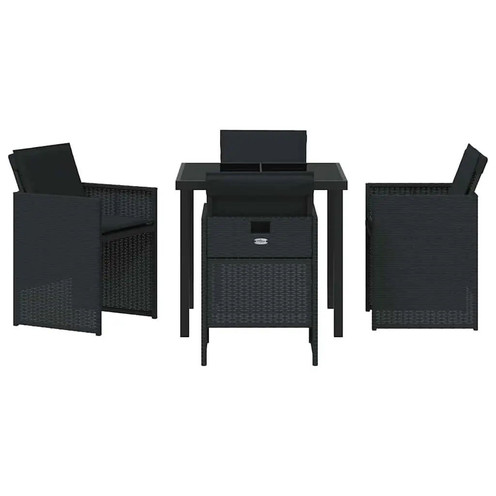 5 Piece Black Poly Rattan Dining Set with Tempered Glass Table and Cushion for Outdoor Patio Garden