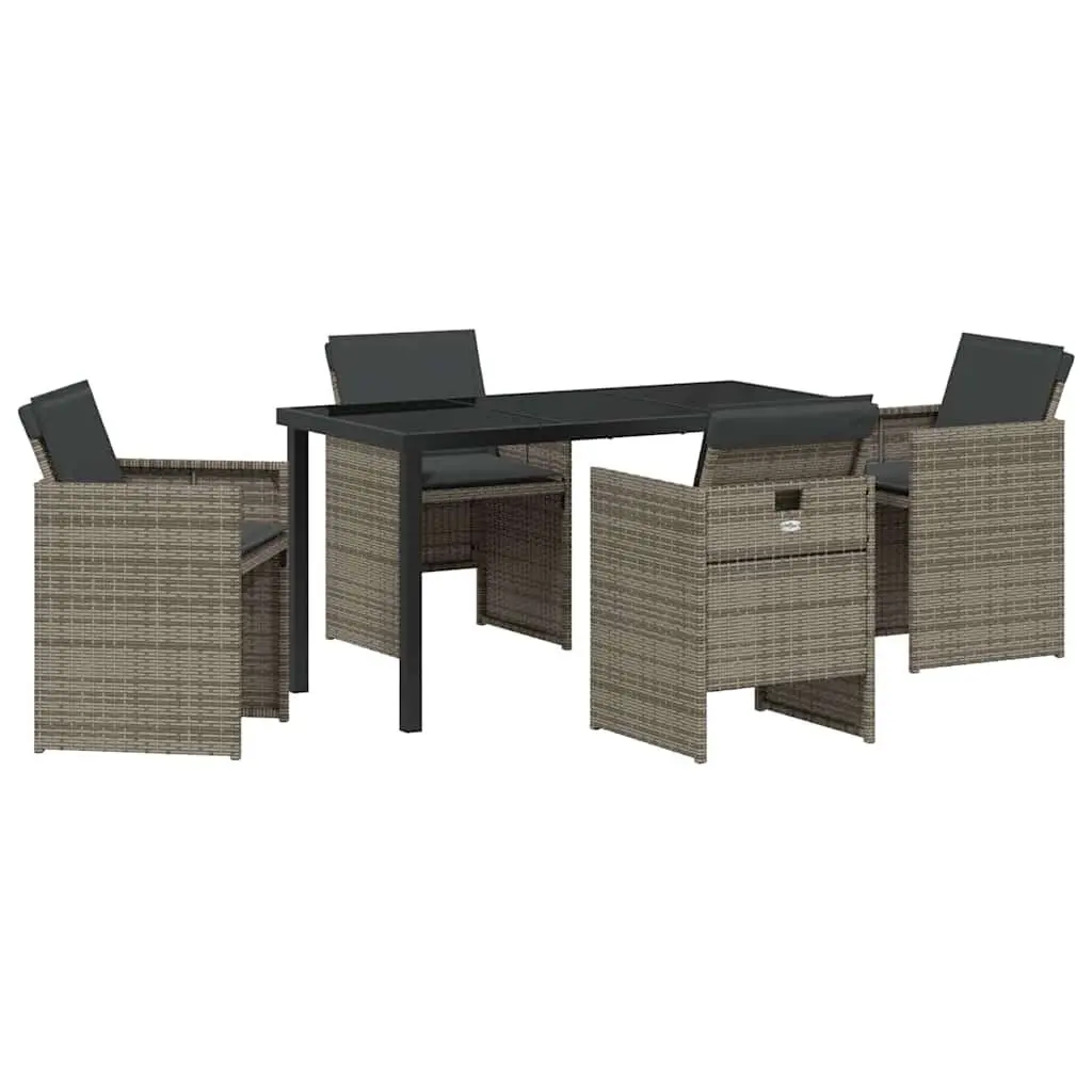 Outdoor Furniture Set 5 Piece Grey Poly Rattan Dining Chairs with Cushions and Tempered Glass Table