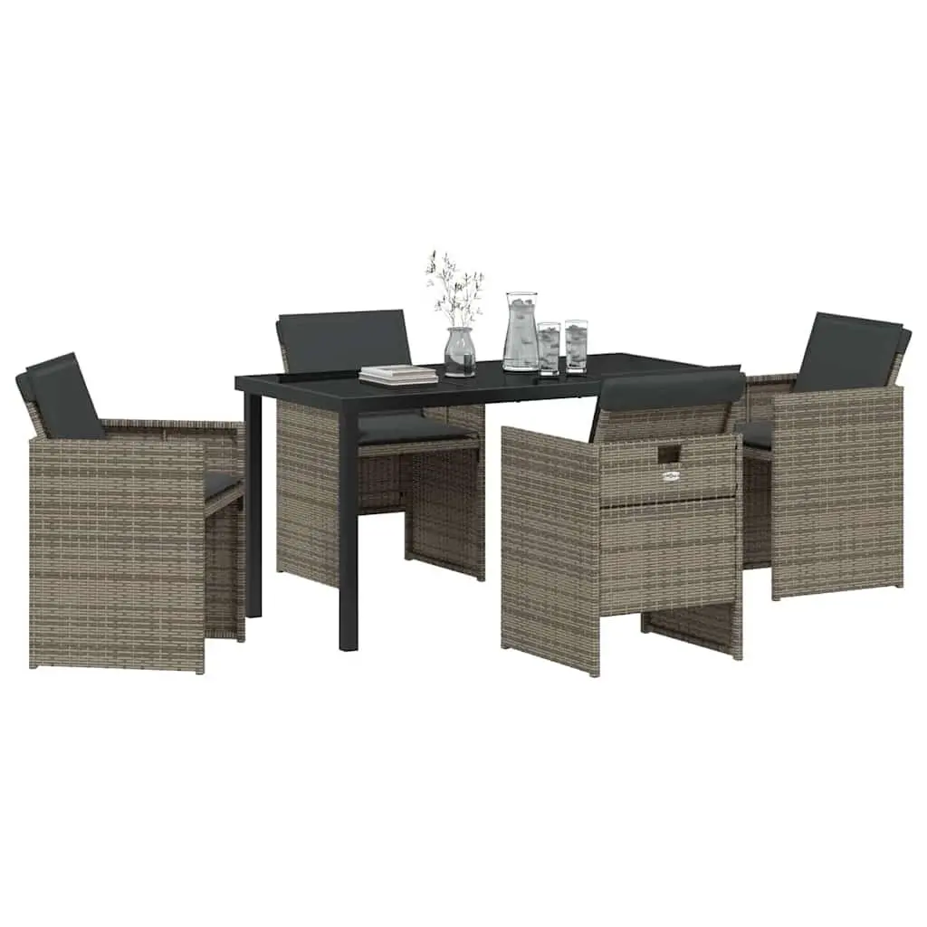 Outdoor Furniture Set 5 Piece Grey Poly Rattan Dining Chairs with Cushions and Tempered Glass Table