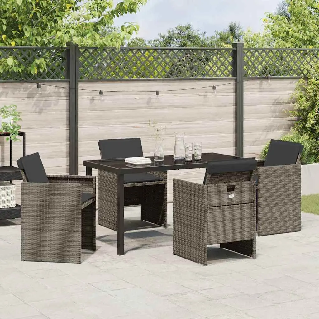 Outdoor Furniture Set 5 Piece Grey Poly Rattan Dining Chairs with Cushions and Tempered Glass Table