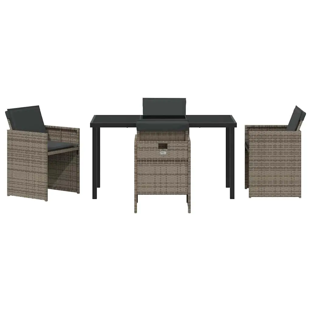 Outdoor Furniture Set 5 Piece Grey Poly Rattan Dining Chairs with Cushions and Tempered Glass Table