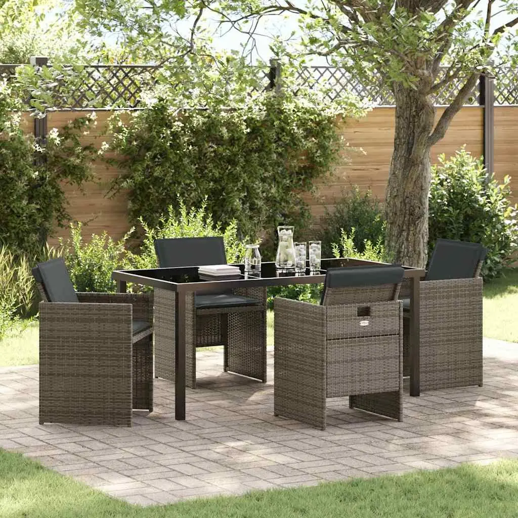 5 Piece Garden Dining Set Grey Poly Rattan Outdoor Table with Tempered Glass Top and Chairs