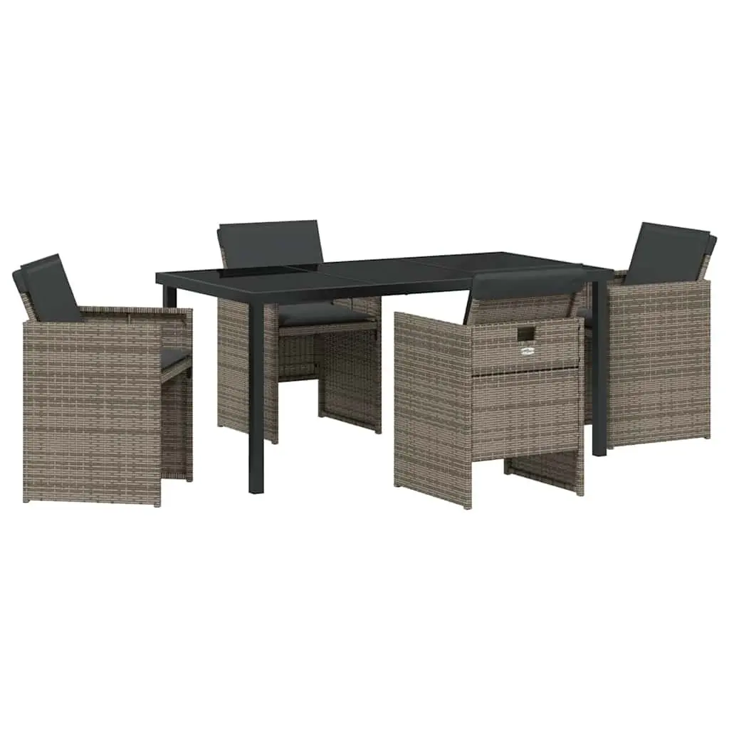 5 Piece Garden Dining Set Grey Poly Rattan Outdoor Table with Tempered Glass Top and Chairs
