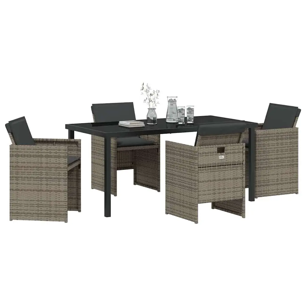 5 Piece Garden Dining Set Grey Poly Rattan Outdoor Table with Tempered Glass Top and Chairs