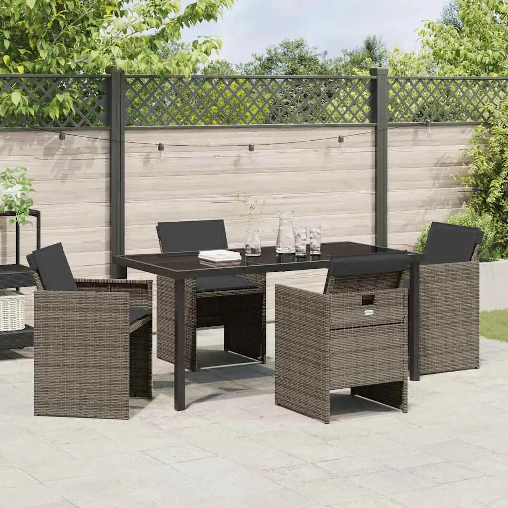 5 Piece Garden Dining Set Grey Poly Rattan Outdoor Table with Tempered Glass Top and Chairs
