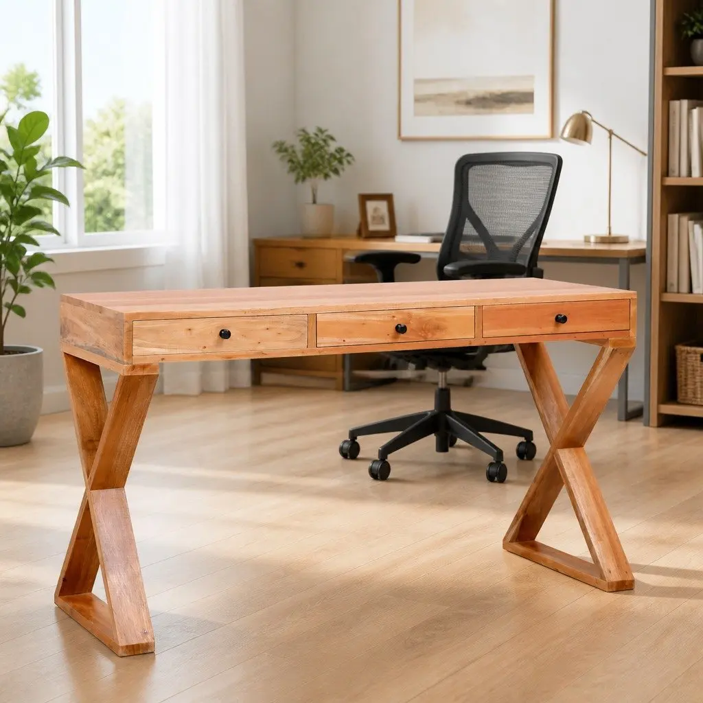 Computer Desk Solid Mahogany Wood Natural Home Office Writing Table Storage