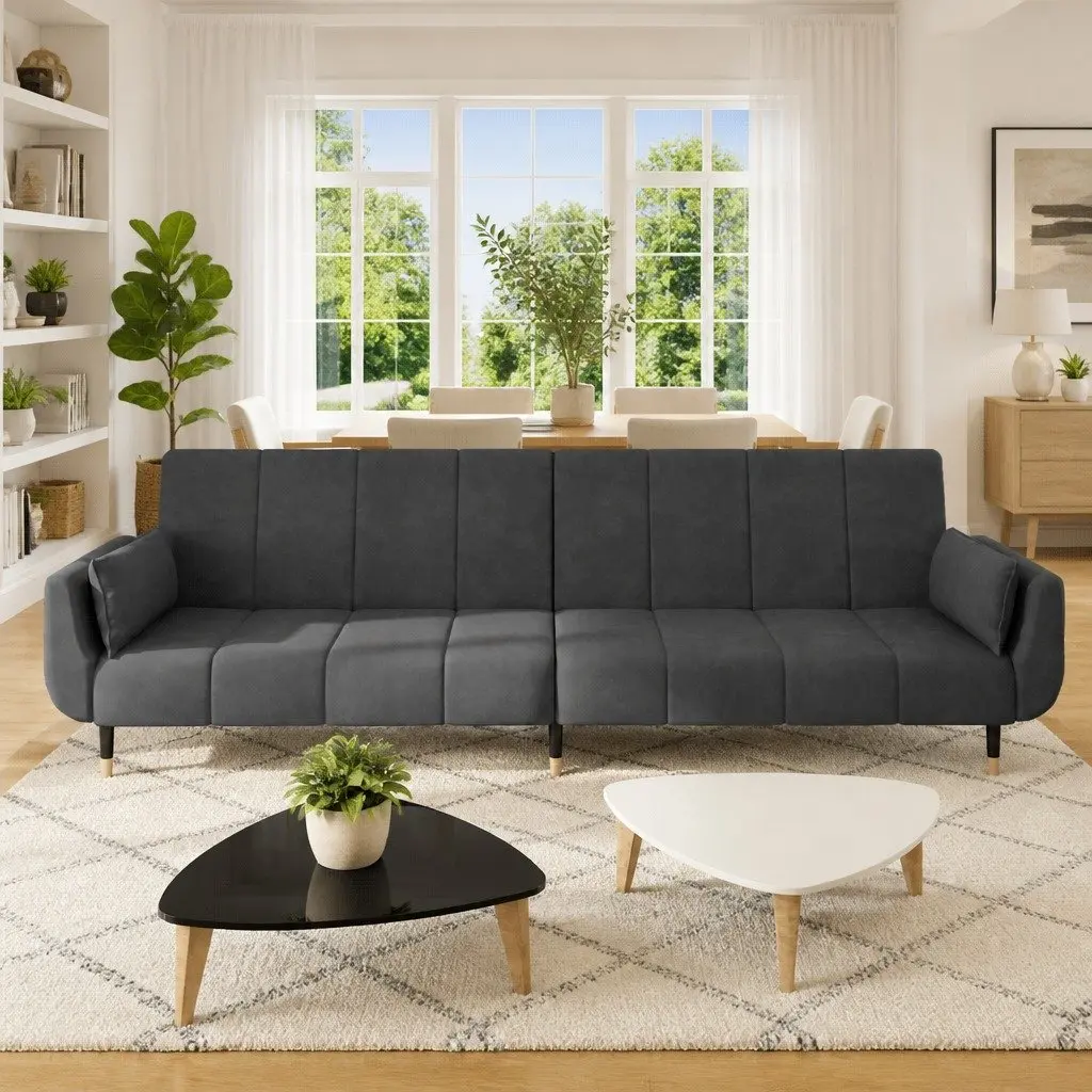 2-Seater Sofa Bed Convertible Velvet Grey with Adjustable Backrest and Pillows