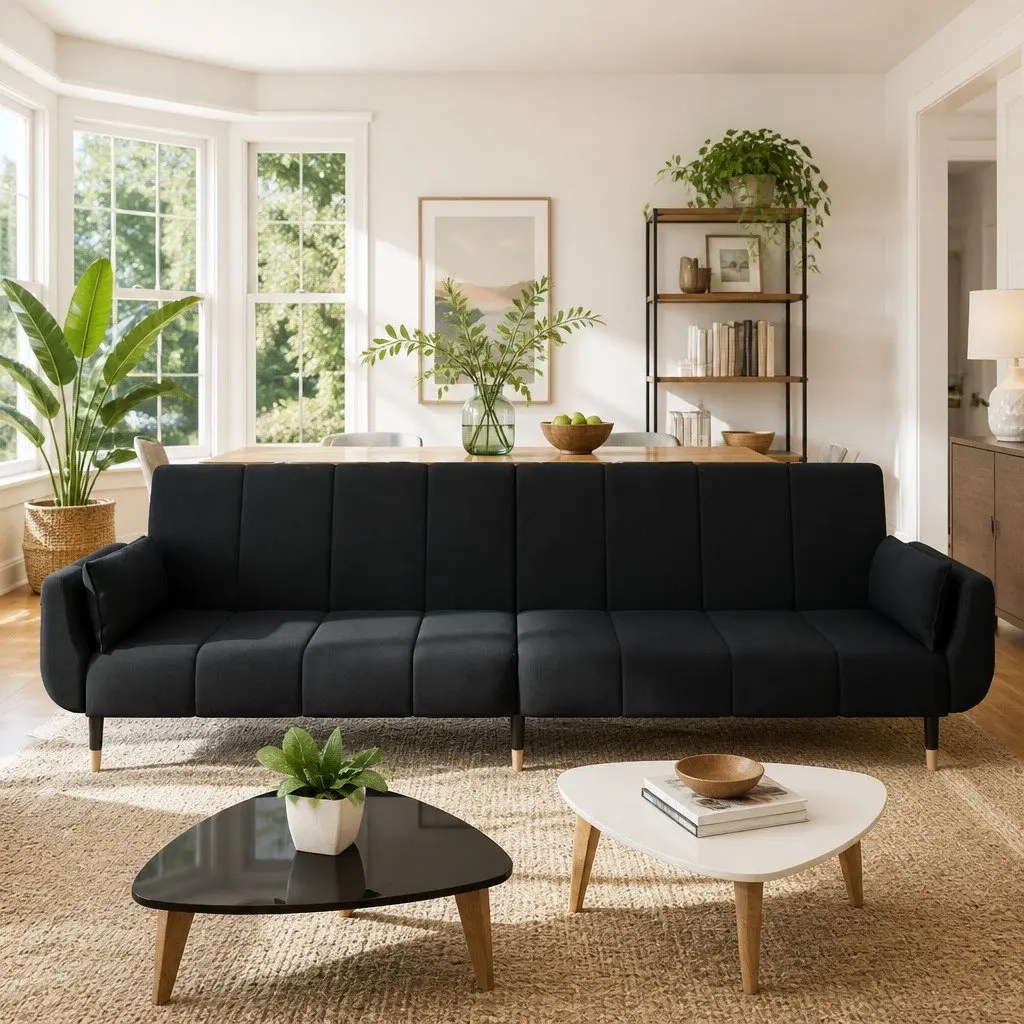 Convertible Sofa Bed Velvet Fabric Black 2-Seater with Adjustable Backrest and Pillows