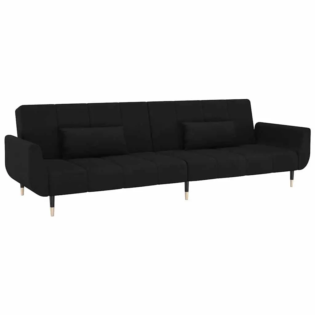 Convertible Sofa Bed Velvet Fabric Black 2-Seater with Adjustable Backrest and Pillows