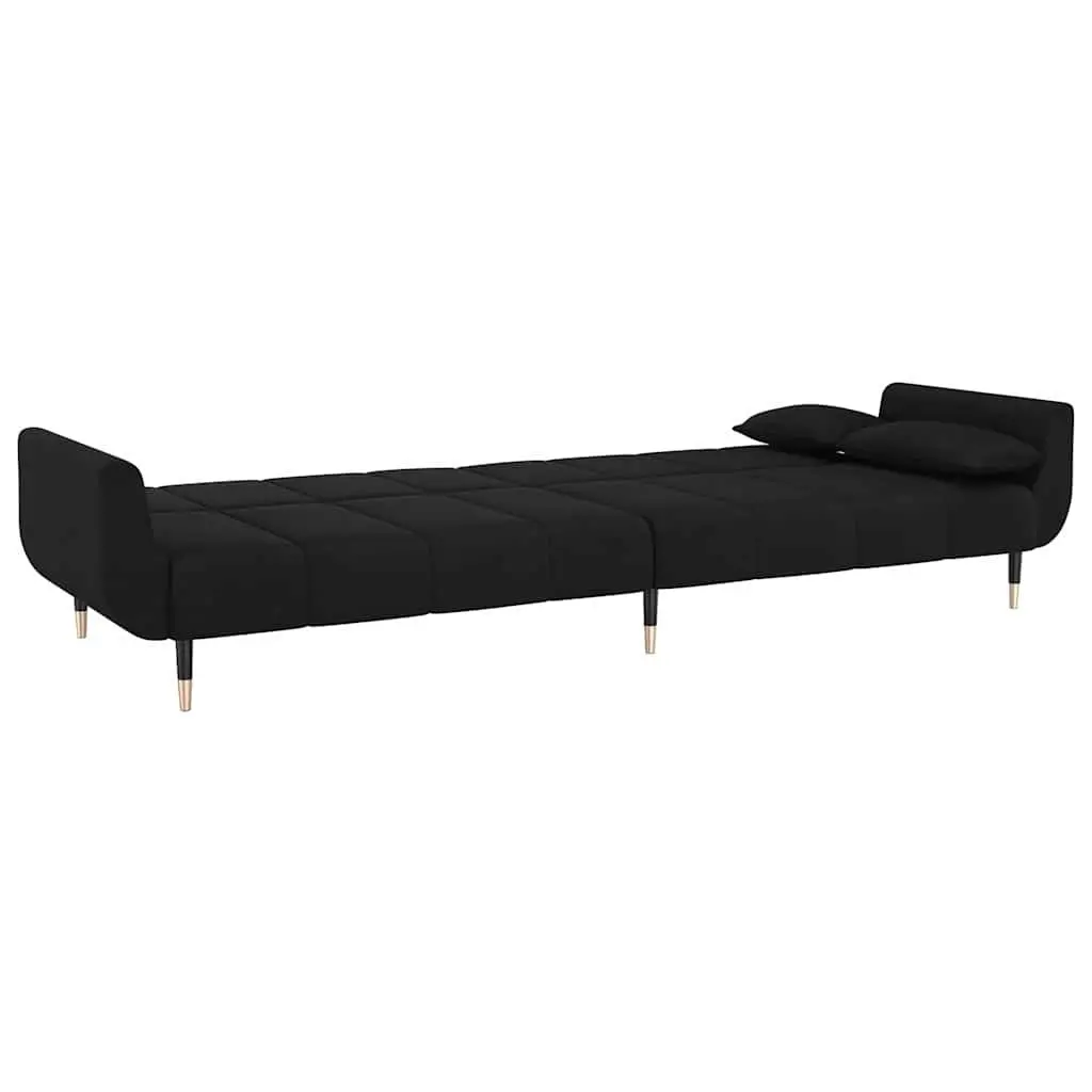Convertible Sofa Bed Velvet Fabric Black 2-Seater with Adjustable Backrest and Pillows