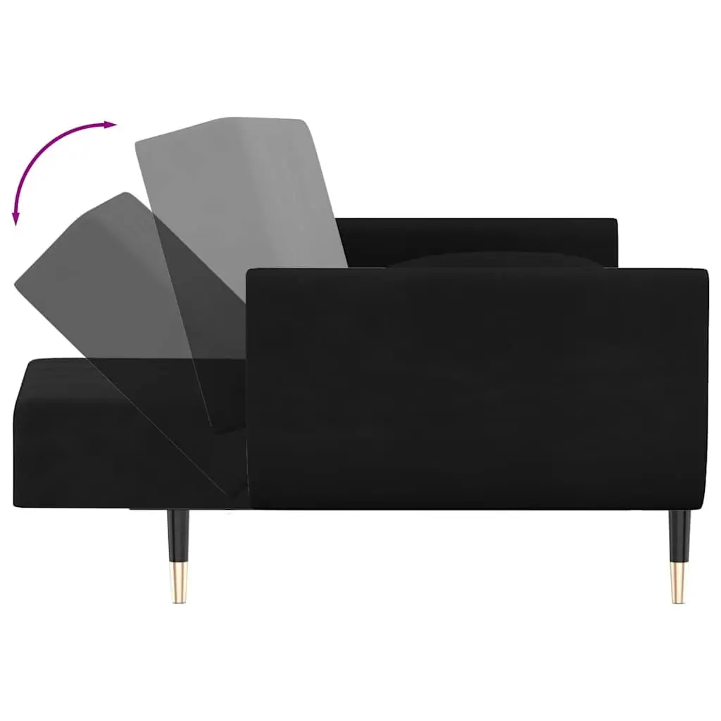 Convertible Sofa Bed Velvet Fabric Black 2-Seater with Adjustable Backrest and Pillows