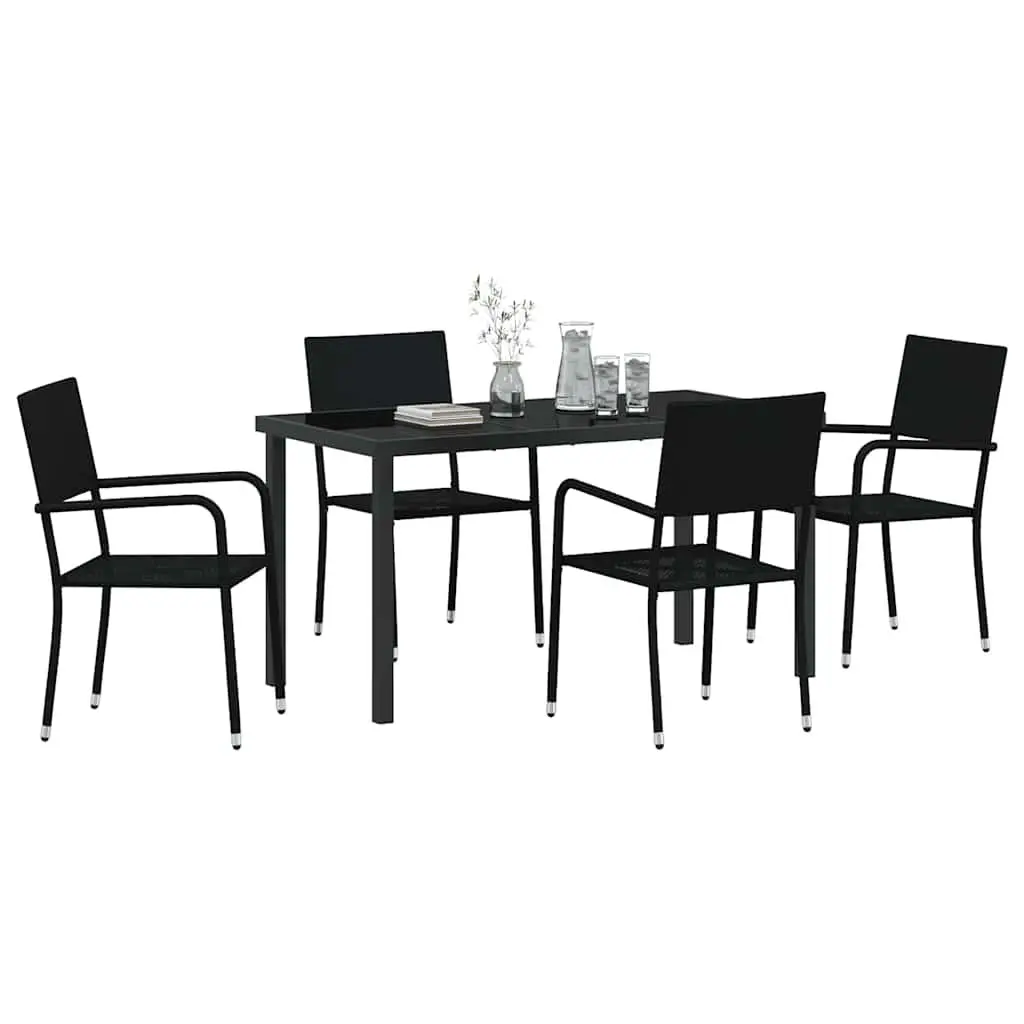 Outdoor Dining Set Poly Rattan Steel Frame Tempered Glass Table 5 Piece Black