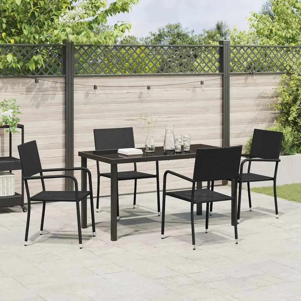 Outdoor Dining Set Poly Rattan Steel Frame Tempered Glass Table 5 Piece Black