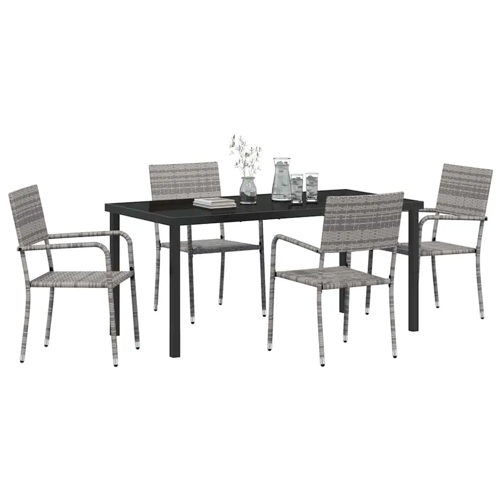 5 Piece Dining Set Poly Rattan Grey Outdoor Garden Furniture with Tempered Glass Tabletop and Cushioned Armchairs