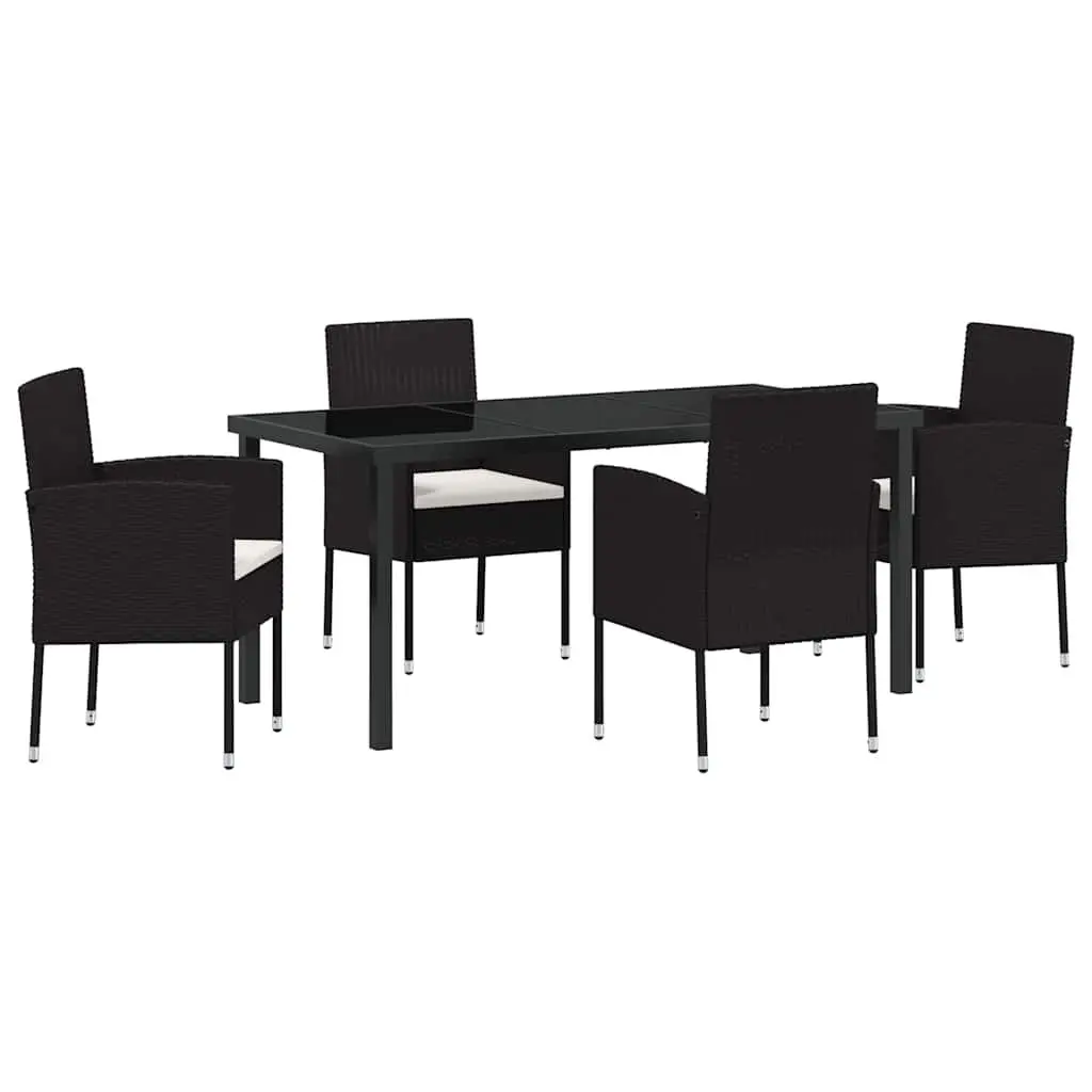 Garden Dining Set 5 Piece Poly Rattan Black Table with Tempered Glass Top and Chairs