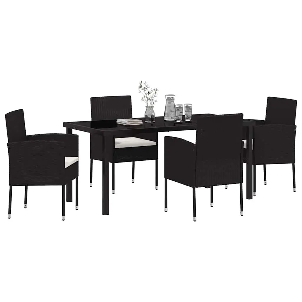 Garden Dining Set 5 Piece Poly Rattan Black Table with Tempered Glass Top and Chairs