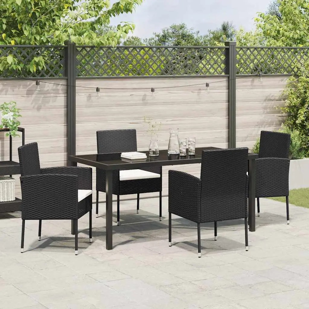 Garden Dining Set 5 Piece Poly Rattan Black Table with Tempered Glass Top and Chairs