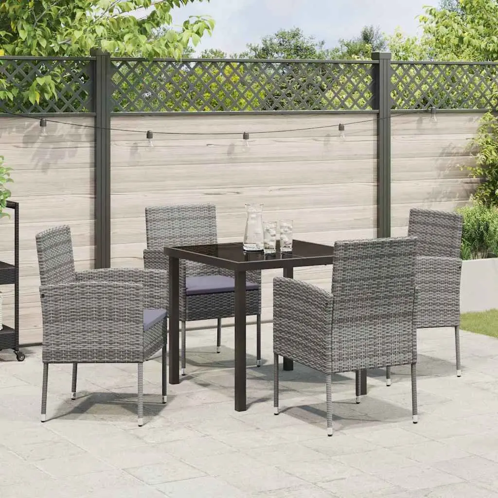 Garden Dining Set Poly Rattan 5 Piece Outdoor Furniture Tempered Glass Top Table Chairs Cushions Grey