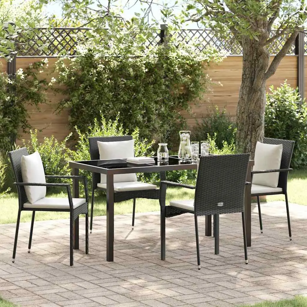 Outdoor Dining Set Poly Rattan 5 Piece Garden Furniture Black Tempered Glass