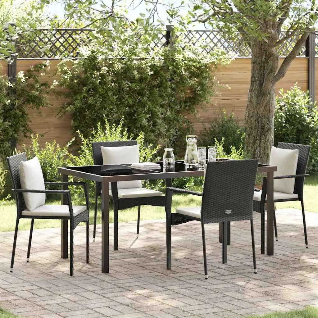 Garden Dining Set Poly Rattan 5 Pieces Black Outdoor Furniture Table with Tempered Glass Top and Cushioned Chairs