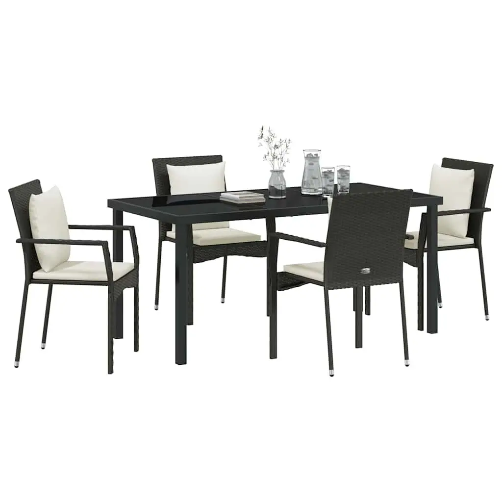 Garden Dining Set Poly Rattan 5 Pieces Black Outdoor Furniture Table with Tempered Glass Top and Cushioned Chairs