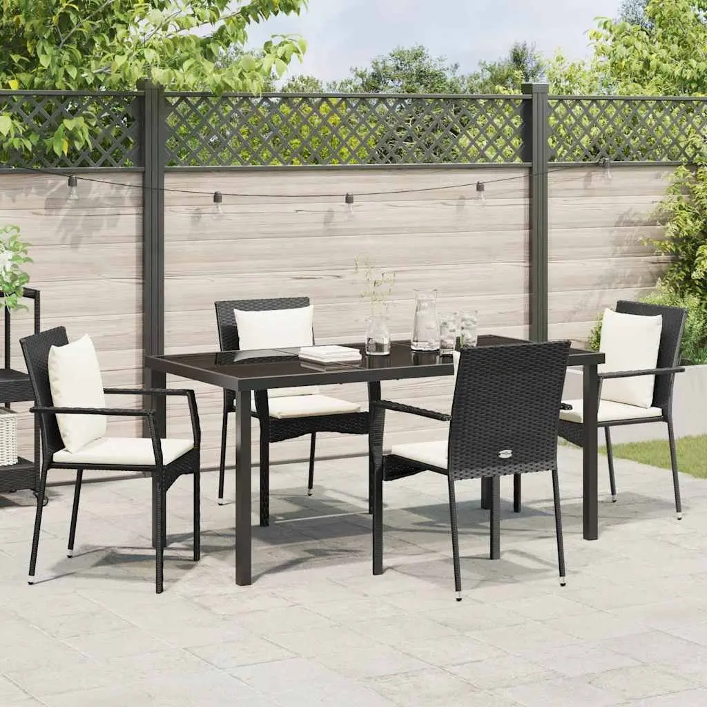 Garden Dining Set Poly Rattan 5 Pieces Black Outdoor Furniture Table with Tempered Glass Top and Cushioned Chairs