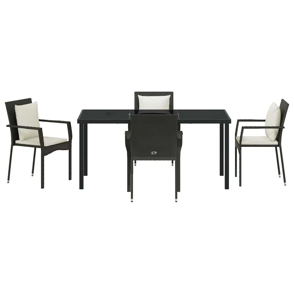 Garden Dining Set Poly Rattan 5 Pieces Black Outdoor Furniture Table with Tempered Glass Top and Cushioned Chairs