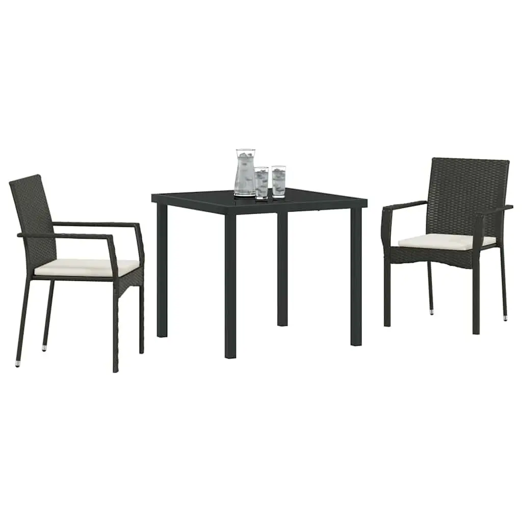 Garden Dining Set Poly Rattan 3 Pieces Outdoor Furniture Black with Tempered Glass Tabletop and Cushions