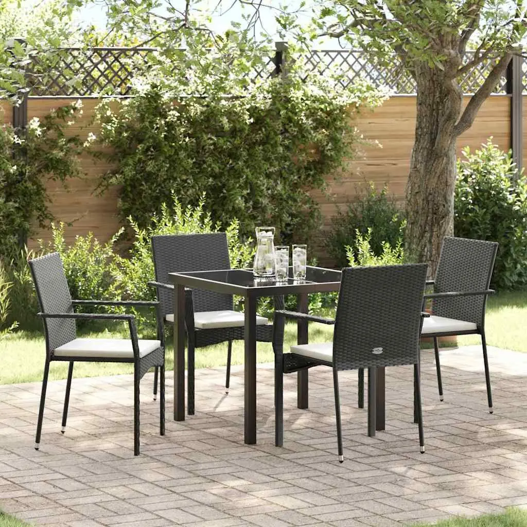 Outdoor Garden Dining Set 5 Pieces Black Poly Rattan Furniture with Cushions