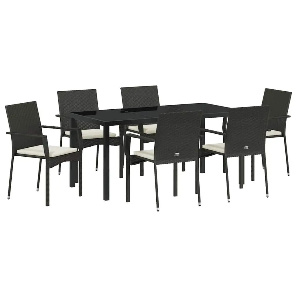 Outdoor Garden Dining Set 7 Pieces Black Poly Rattan Tempered Glass Table Chairs