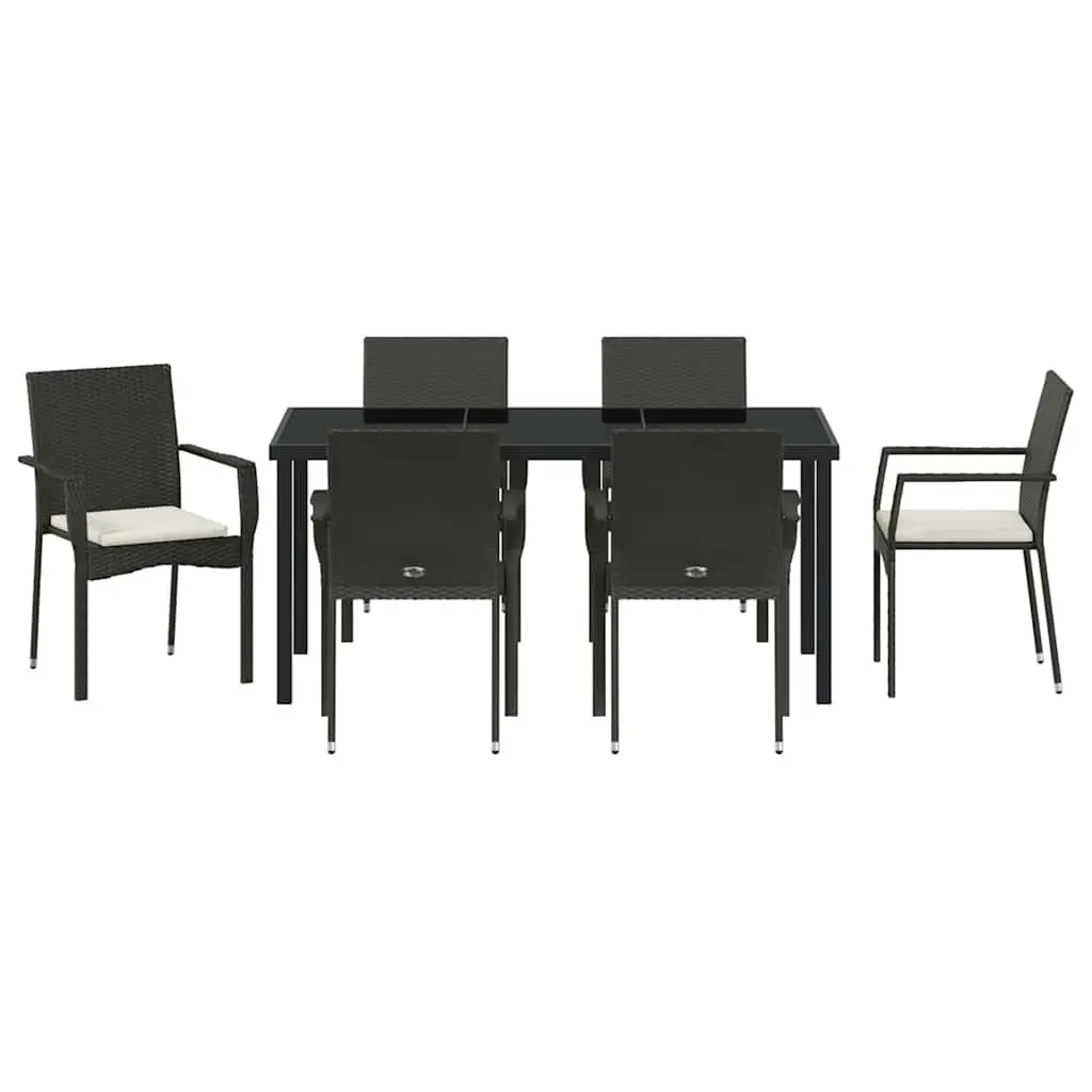 Outdoor Garden Dining Set 7 Pieces Black Poly Rattan Tempered Glass Table Chairs
