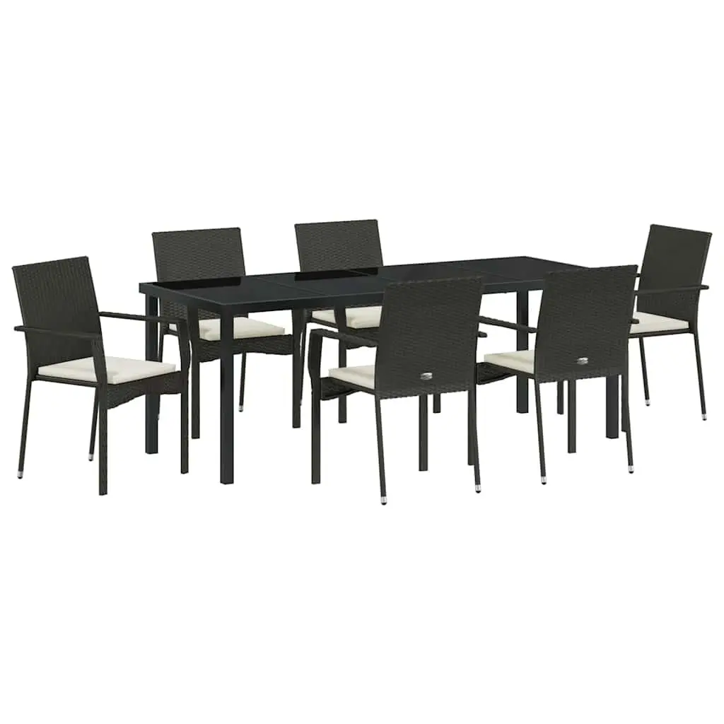 7 Piece Outdoor Dining Set Black Poly Rattan Garden Furniture with Tempered Glass Table and Cushions