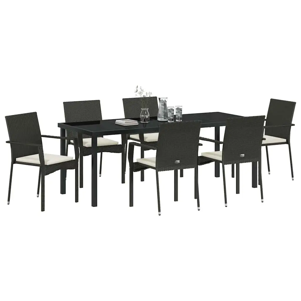 7 Piece Outdoor Dining Set Black Poly Rattan Garden Furniture with Tempered Glass Table and Cushions