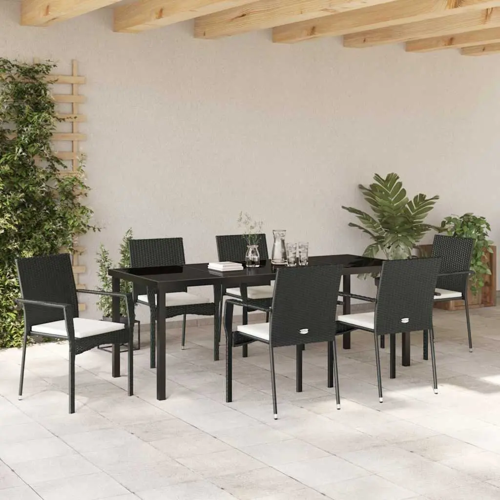 7 Piece Outdoor Dining Set Black Poly Rattan Garden Furniture with Tempered Glass Table and Cushions