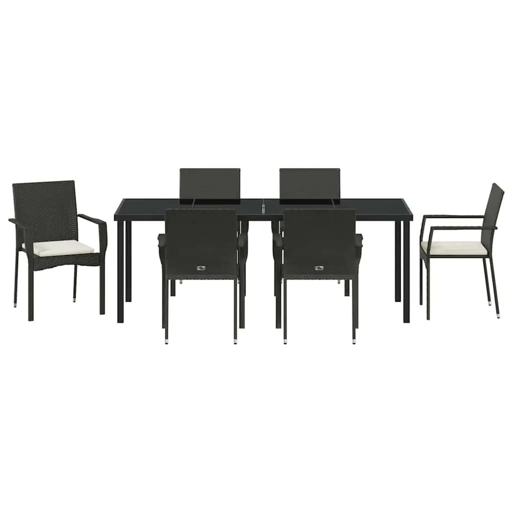 7 Piece Outdoor Dining Set Black Poly Rattan Garden Furniture with Tempered Glass Table and Cushions