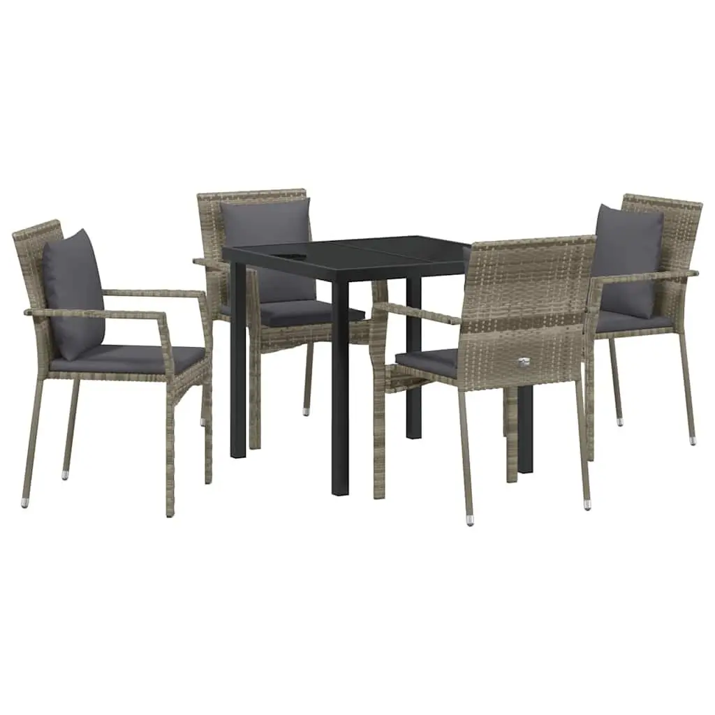 Outdoor Dining Set Poly Rattan 5 Pieces Grey Tempered Glass Table Chairs