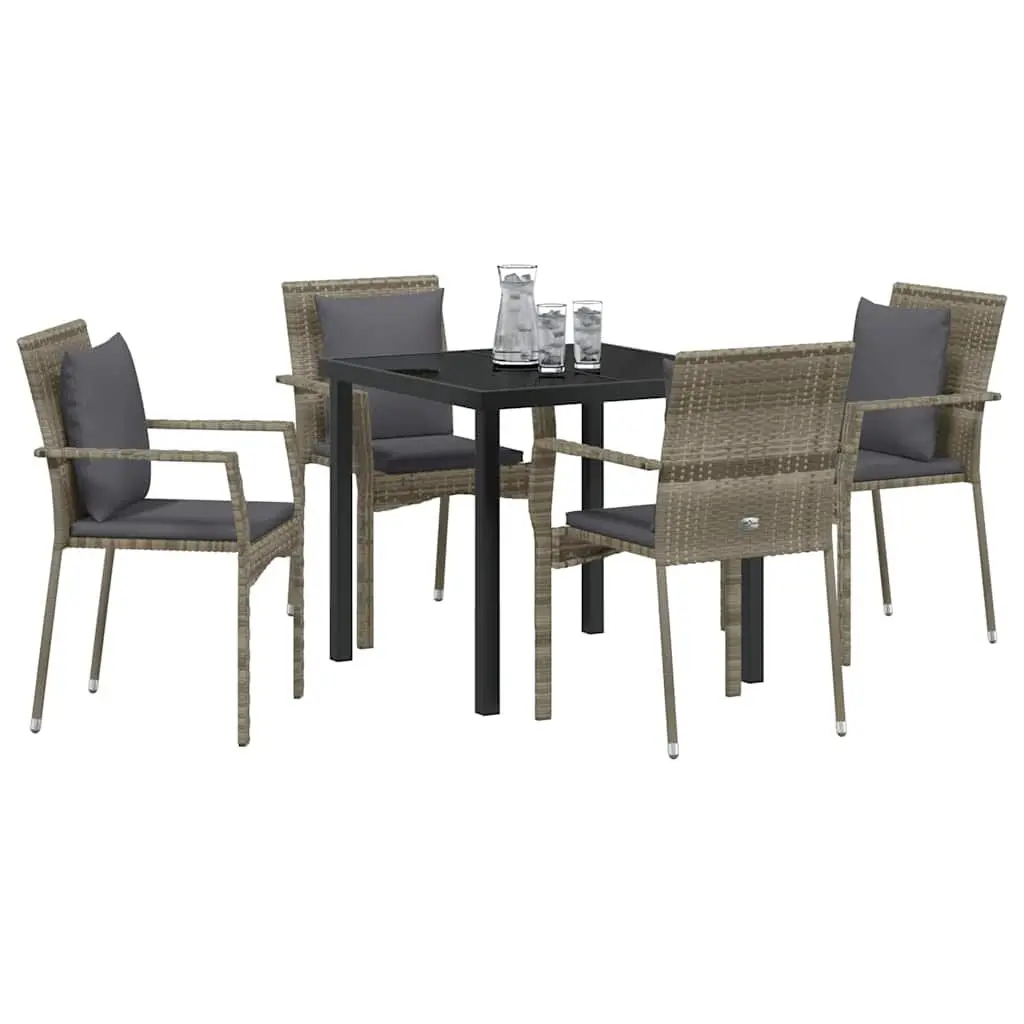Outdoor Dining Set Poly Rattan 5 Pieces Grey Tempered Glass Table Chairs