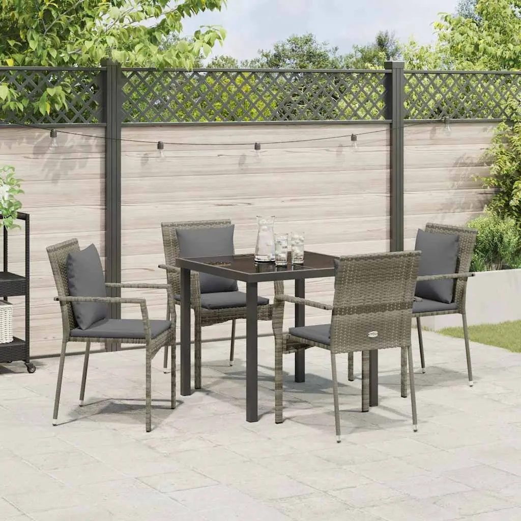 Outdoor Dining Set Poly Rattan 5 Pieces Grey Tempered Glass Table Chairs