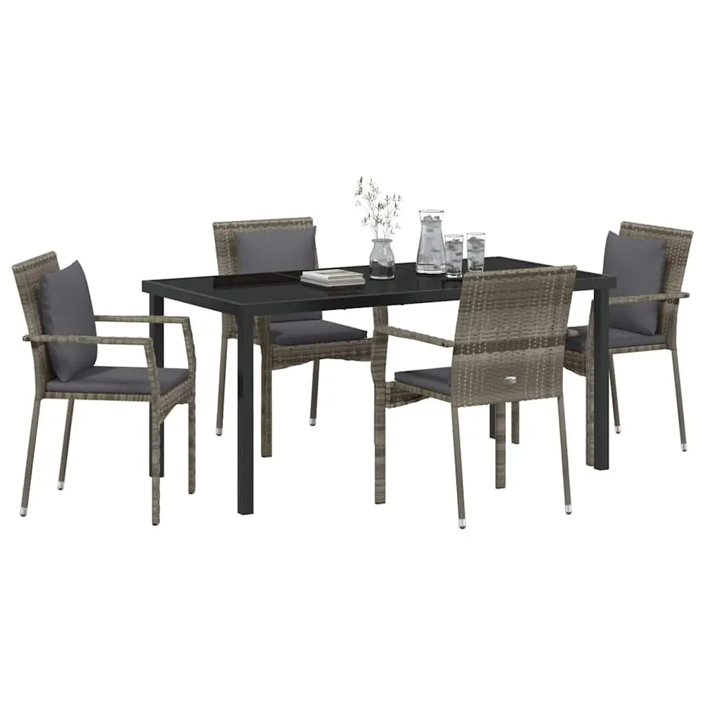 5 Piece Garden Furniture Set Grey Poly Rattan Dining Table and Chairs with Tempered Glass Top