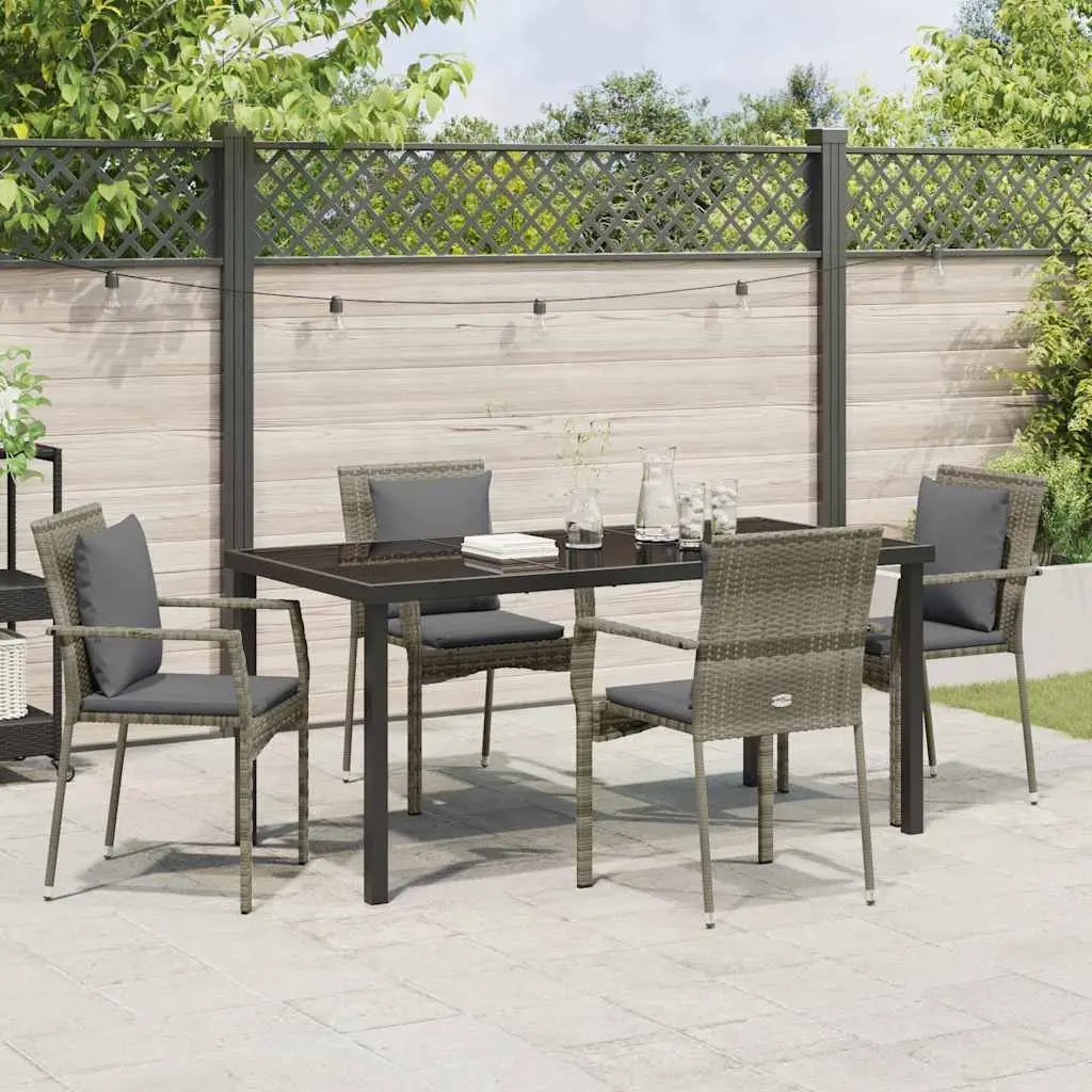 5 Piece Garden Furniture Set Grey Poly Rattan Dining Table and Chairs with Tempered Glass Top