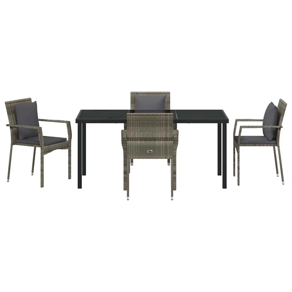 5 Piece Garden Furniture Set Grey Poly Rattan Dining Table and Chairs with Tempered Glass Top